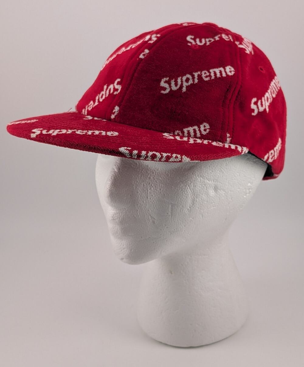 Supreme Velour Diagonal Logo 6 Panel Red Hat Cap - Excellent Used Condition